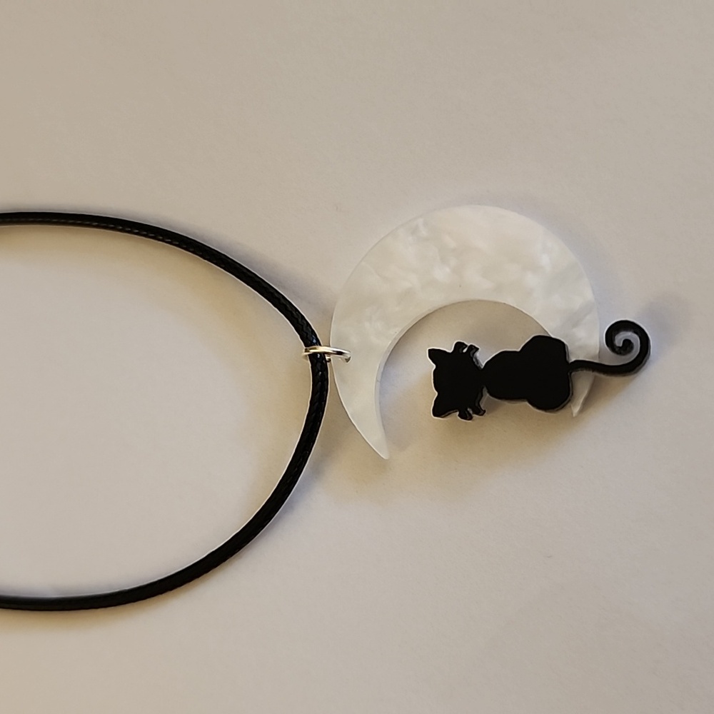 Black Cat Acrylic White Moon Accented NECKLACE
